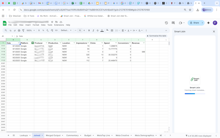 Screenshot: joining multiple tabs into one dataset