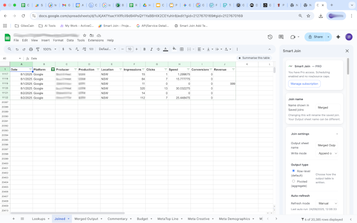 Screenshot: pivoting metrics by date and platform